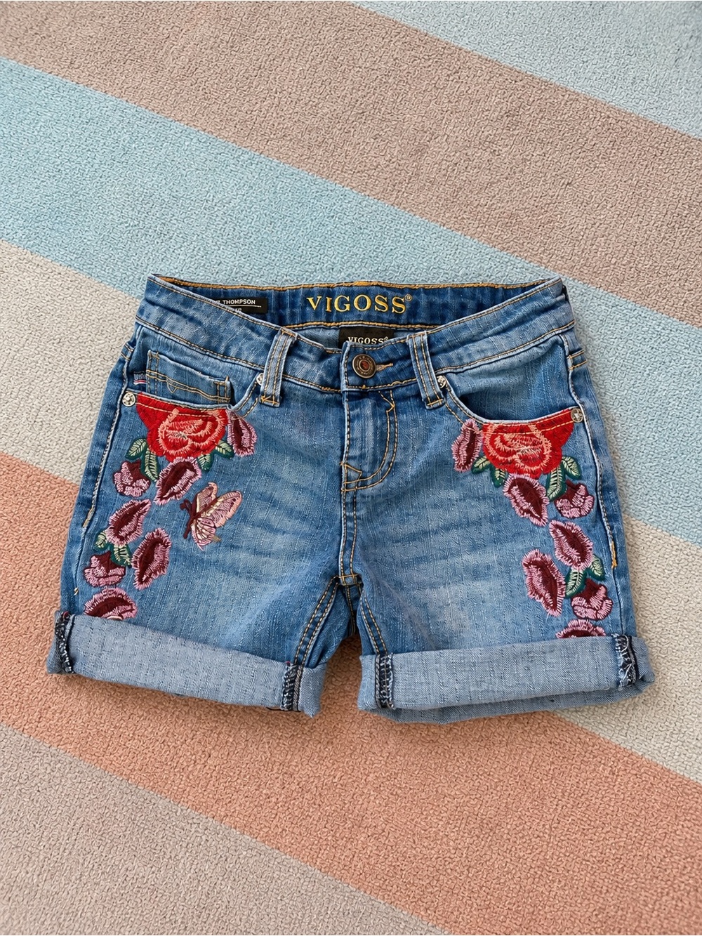 Vigoss Girls Blue Denim Shorts with Red & Pink Floral Embroidery